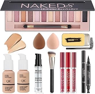All in One Makeup Kit, Makeup Kit for Women Full Kit, Travel Make Up Gift Set for Women Teens Girls, Includes Eyeshadow, Foundation, Primer, Lipstick, Eyebrow Soap, Eyeliner Stamp, Brush, Sponge