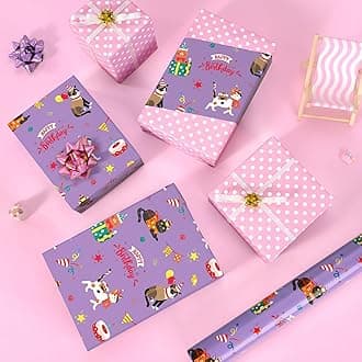 WERNNSAI Cat Birthday Wrapping Paper Roll - 1 Roll 17”x 66 ft Cat Gift Wrapping Paper Pink Purple Reversible Design for Girls Birthday Party Gift Packing Supply Polka Dot Design
