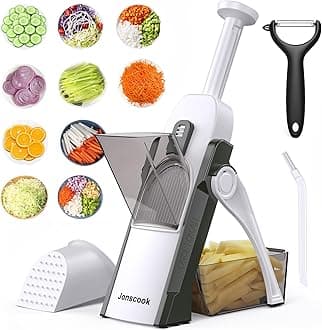 Safe Mandoline Slicer for Kitchen, Adjustable Thickness 0.1-8 mm, 5 in 1 Multi Vegetable Chopper, Potato Slicer, Food Chopper French Fry Cutte, with Paring Knife/Cleaning Brush, Mandolin (GreenBlack)
