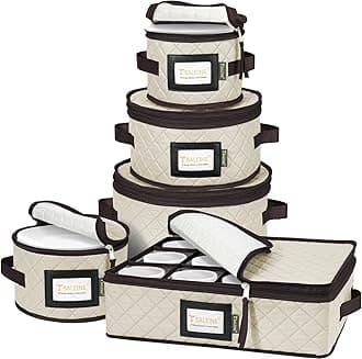 BALEINE China Storage Containers, Sturdy Quilted Wine Glass Storage, Plate Organizer with Carry Handles and Dividers, Moving Boxes for Dishes, Cups, Mugs and Stemware (Plate Mug Combo, Cream)