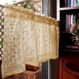 Rustic Boho Curtain Valance for Kitchen Window Farmhouse Handmade Crochet Curtain Tiers for Coffee Decor Room Divider Rod Pocket Hollow Short Lace Curtains for Bathroom Closet 1 Panel W59 X L17 Inch