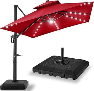 Best Choice Products 10x10ft Cantilever Patio Umbrella w/Base Included, Solar LED Lights 360 Rotation Large Offset Hanging Outdoor Shade for Deck Pool Backyard w/Stand – Red