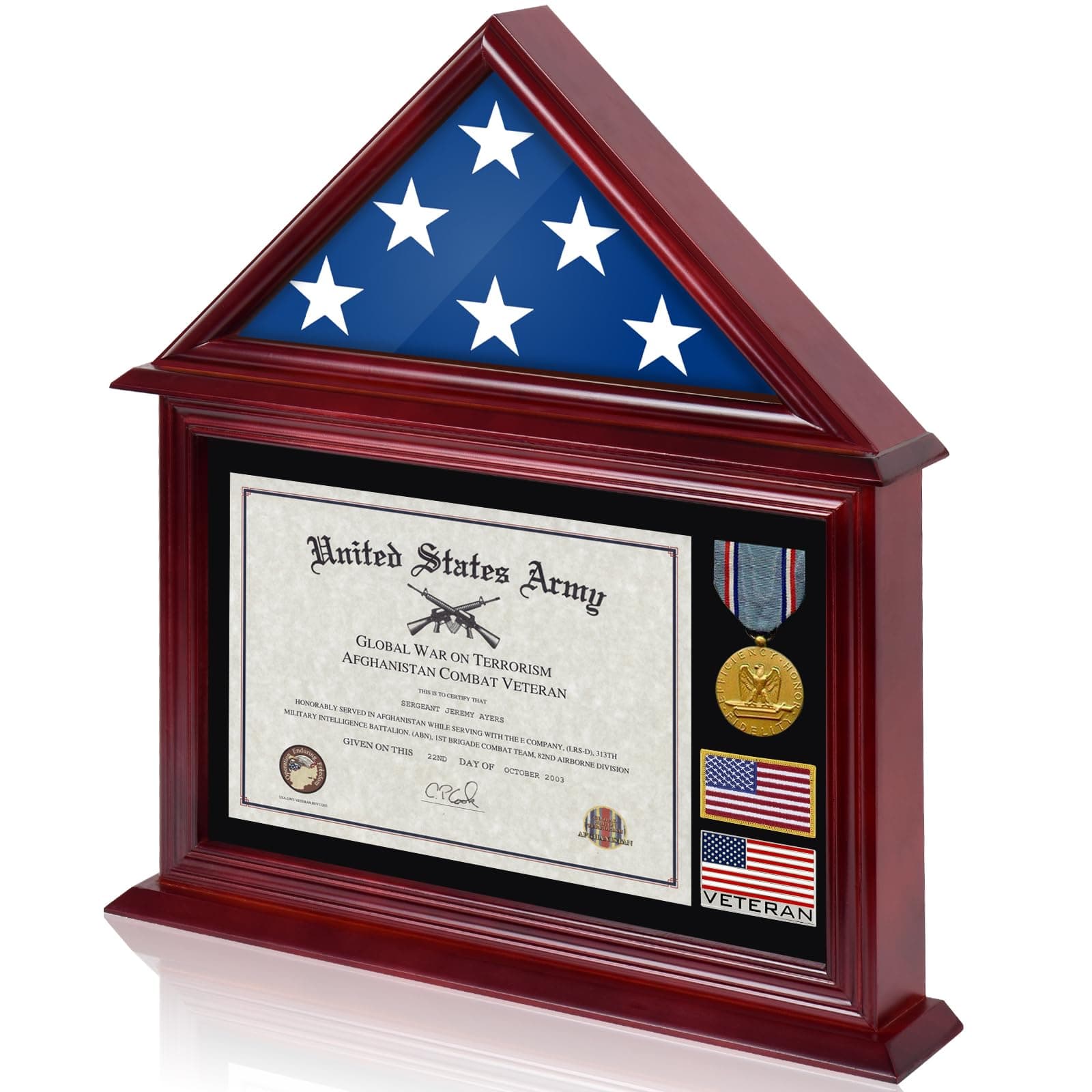 Solid Wood Flag Certificate Display Case Box with HD Tempered Glass Fit Small Folded 3'x5' American Flag(Not for 9.5'x5' Burial Flag), Veteran Military Shadow Box Felt Lining for Badge Medal, Mahogany