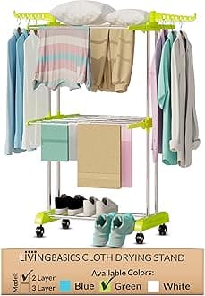 LIVINGBASICS 2 Layer Finest Clothes Stand for Drying/Cloth Drying Stand/Cloth Stand for Drying Clothes Foldable/Cloth Drying Stand for Balcony/Stainless Steel Hanging Dress Dryer Rack (Lime Green)