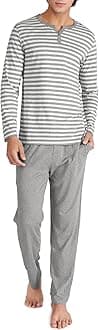 Men's Pajamas Set Soft Cotton Henley Loungewear Pjs Comfy Long Sleeve Sleepwear with Pockets