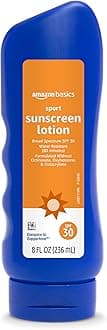 - Amazon Basics Sport Sunscreen Lotion SPF 30, Water Resistant (80min), Formulated without Octinoxate & Oxybenzone, Broad Spectrum UVA/UVB Protection, 8 Fluid Ounce