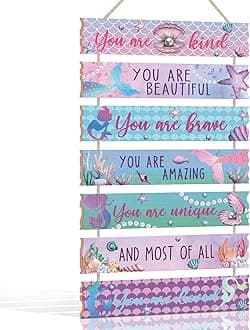 KAIRNE Mermaid Wall Art for Girls Bedroom,Rainbow Wall Sigin,Shell Aesthetic Wall Art Hanging Sign,Inspirational Quotes Hanging Sign Pink room Door Sign,Mermaid Wall Decor for Bathroom Decoration…