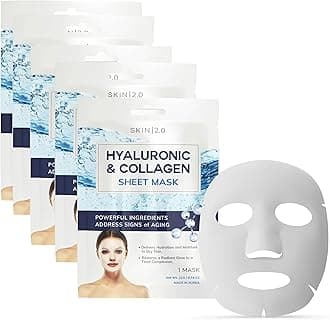 Hyaluronic Acid & Collagen Sheet Mask - Hydrating, Anti-Aging, Firming - Dermatologist Tested Korean Skincare - Clean Beauty, Natural Ingredients, Cruelty-Free, All Skin Types - 5 Masks