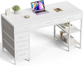 Huuger Computer Desk with 6 Drawers, Office Desk with Shelves, Reversible Gaming Desk, Corner Desk with Storage, Work for Home Office, Study, Living Room, 47inch, White