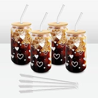 Glass Cups with Lids and Straws – 4 Pack 16oz Heart Tumblers for Cold Drinks, Iced Coffee, Tea, Juice – Sharing Drinkware for Friends, Couples & Gifts