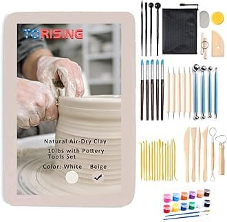 TORISING Air Dry Clay 10 LBs with 42 Pcs Set Pottery Clay Tools Set,12 Vivid Colors 5ml Each and 2 Brushes for Hand Modeling and Throwing, Non-Toxic (Beige)
