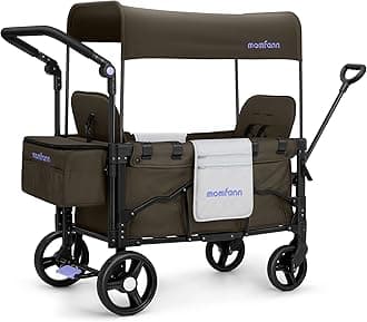 Stroller Wagon for 2 Kids, Baby Wagon Stroller with Adjustable Handle for Infants and Toddlers Includes Canopy & Organizer, Foldable and Convenient for Storage, Brown
