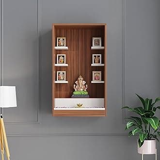 FURNEASER Ketki Wall Mounted Wooden Pooja Mandir for Home | Compact Temple Unit with Shelves for Idols & Frames | Engineered Wood | 85x50x28 cm (Exotic Teak & White)