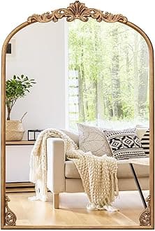 COSTWAY Decorative Wall Mirror, Vintage Ornate Baroque Arched Mirror with Hanging Hooks, Metal Frame Accent Wall Mounted Vanity Mirrors for Hallway, Living Room and Bedroom (Antique Gold, 90 x 61cm)