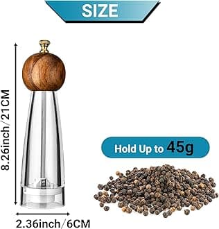 Pepper Mill Manual Salt and Pepper Grinder Set, Classic Transparent Pepper Grinder Salt Mills 2pcs 8in，Solid Wood Hand Shaker Rotor Pepper Salt Grinder Ceramic Core Adjustable Coarseness Spices
