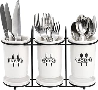 Fasmov Flatware Holder, 3-Piece Silverware Utensil Holder Ceramic Flatware Caddy with Metal Rack, Flatware Caddy White Ceramic Cutlery Organizer for Forks, Spoons, Knives