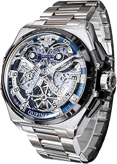 OUPINKE Watch for Men Automatic Wristwatch 3D Dial with 5ATM Waterproof Luminous Calendar Skeleton Watches-Sapphire Crystal Tungsten Steel Strap