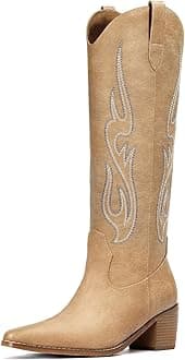 Pasuot Tan Cowboy Boots for Women - Cowgirl Knee High Western Boots with Side Zip and Embroidered, Pointed Toe Chunky Heel Retro Classic Tall Cowboy Carter Boot Pull On for Ladies Fall Winter US 7