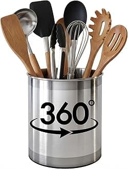 Rotating Extra Large Stainless Steel Utensil Holder Caddy with Sturdy No-Tip Weighted Base, Removable Divider, and Gripped Insert Bottom -Dishwasher Safe Metal Cooking Utensil Holder