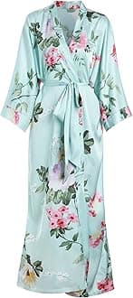 AenssoAensso Long Soft Lightweight Silky Kimonos Robes for Women, Luxury Japanese Floral Womens Kimono Robe, Cyan Flowers, One Size