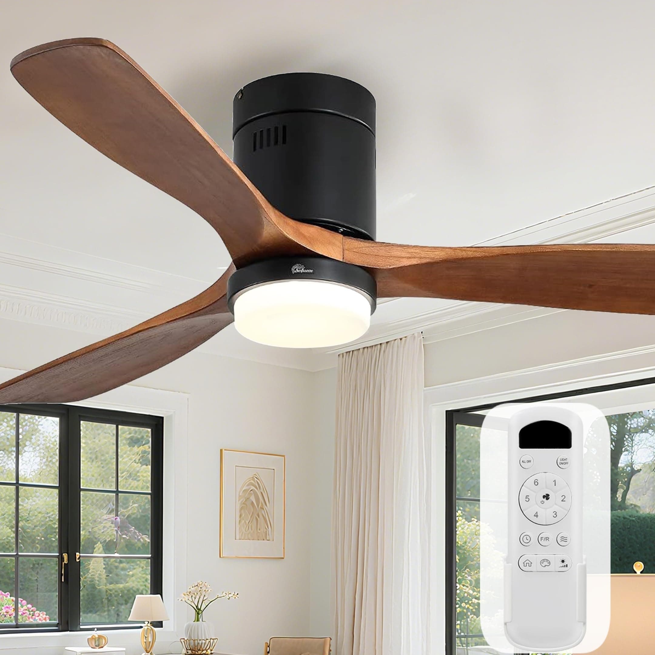 Sofucor Ceiling Fans with Lights 52 Inch Flush Mount Ceiling Fan with Remote Control, Wood Blades Modern Outdoor Ceiling Fans for Bedroom/Farmhouse/Patio/Indoor, Quiet DC Motor