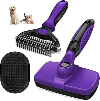 3PCS Self Cleaning Slicker Brush & Pet Grooming Rake & Bath Brush for Dogs,Cats and Horses | Double-Sided Dematting Comb & Skin Friendly Deshedding Grooming Tool | Pet Supplies (Purple Black)