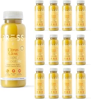PRESS Healthfoods, 12 x 250ml Citrus Glow Super Smoothie, Cold Pressed Immune Boosting Smoothie Containing Turmeric and Cayenne, Vegan Friendly