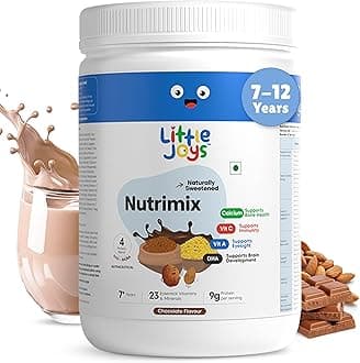 Chocolate Nutrimix 7+ (350g) | 7-12 Years | Naturally Sweetened with Dates & Jaggery | With 23 Essential Vitamins & Minerals | 9g Protein per Serving | Supports Overall Health & Development | With Ragi, Bajra, Almonds & Oats | Chocolate Flavour Nutrition Drink Powder
