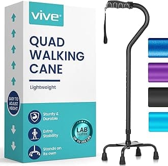 Adjustable Quad Cane by Vive - Lightweight Walking Stick for Men and Women - Walking Staff Can Be Used By Right- or Left-Handed Individuals - Fashionable and Sturdy (Black)