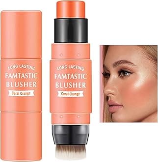 Cream Blush Stick with Brush,Waterproof Multi Cream Makeup Stick,Lightweight,Long-lasting,2 in 1 Multi Blush for Cheeks & Lip Tint & Eyeshadow Makeup(#03 Coral Orange)