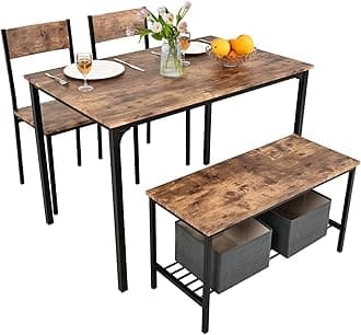 PULUOMIS Dining Table and 2 Chairs with Bench, Dining Table and Chairs Set 4 Piece Dining Room Set, Chair and Bench Set for Restaurant Kitchen Home Bistro Garden, Brown