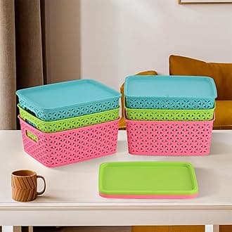 Pack of 6 Multipurpose Storage Baskets with Lid for Organizing Home & Office | H1- Storage Box/Tray- Ideal for Kitchen, Bathroom, Clothes, Makeup & Stationery | Multicolor