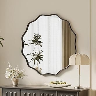 VooBang Black Scalloped Circle Mirror, 20" Wavy Edge Round Wall Mirror with Tempered Glass Textured Circular Metal Deep Frame, Hanging Leaning for Bathroom, Hallway, Entryway, Livng Room