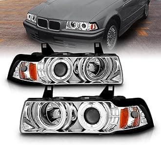 AmeriLite for 1992-1998 BMW 3 Series E36 4-Door 1pc LED Halo Chrome Projector Headlights Assembly Set - Passenger and Driver Side