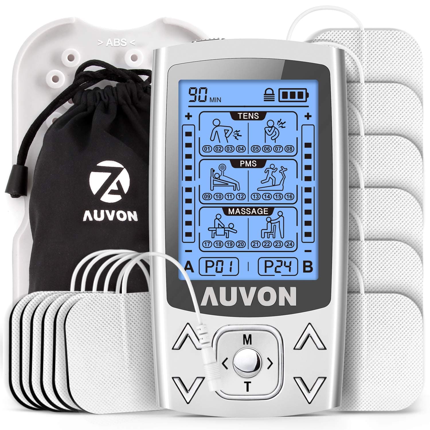 AUVON Dual Channel TENS EMS Machine for Pain Relief, 24 Modes TENS Unit Muscle Stimulator with 12pcs 2