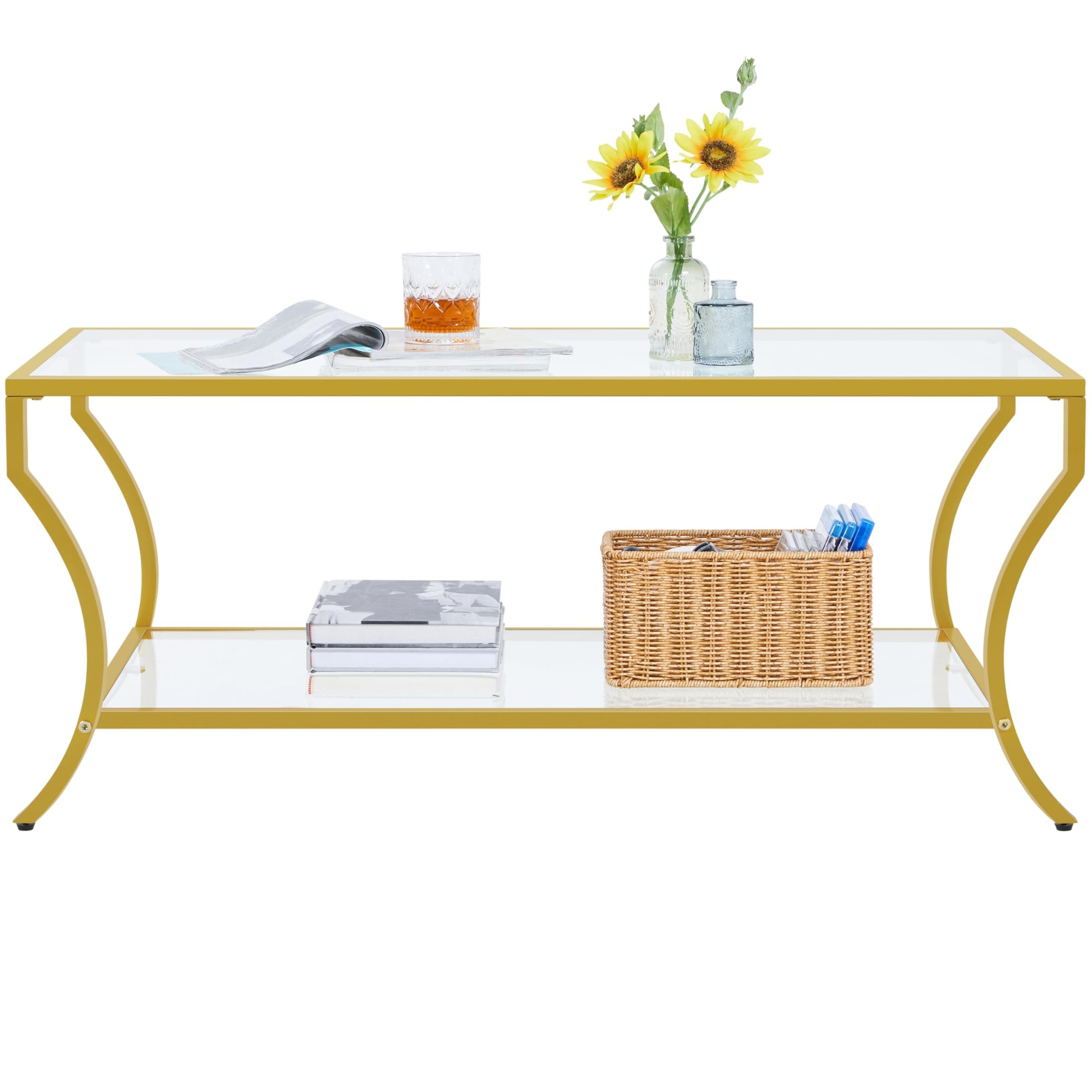 Yaheetech Gold Coffee Table, 2-Tier Rectangular Glass Coffee Table with Curved Frame, Modern Center Tables for Living Room & Apartment, Easy Assembly