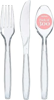 Prestee 300-Piece Plastic Cutlery Set - 100 Each of Clear Plastic Forks, Knives, Spoons - Heavy Duty Silverware for Parties - Disposable Utensils for Weddings and Buffets