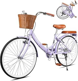 26 Inch Folding Beach Cruiser Bike for Women, 7-Speed Ladies Bike with Basket & Rack, Perfect for City Commuting's Bicycle, Ideal for Women and Adults (Purple, 26" - B01)