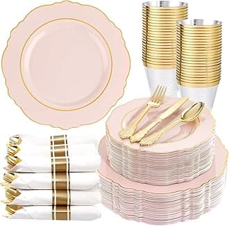 Liacere 350PCS Pink Plates Disposable-PinK Plates 50guest Baroque Plastic Dinnerware include 100Plates, 50Pack Pre Rolled Napkins with Silverware 50Cups Perfect for Wedding ＆ Party & Mothers Day