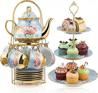 Maxcheck 21 Pcs Porcelain Tea Set for Women Tea Party with Metal Holder and 3 Tier Cake Stand Ceramic European Floral Teapot Set for Adults Mother's Day Christmas Thoughtful Gift(Advanced Style)