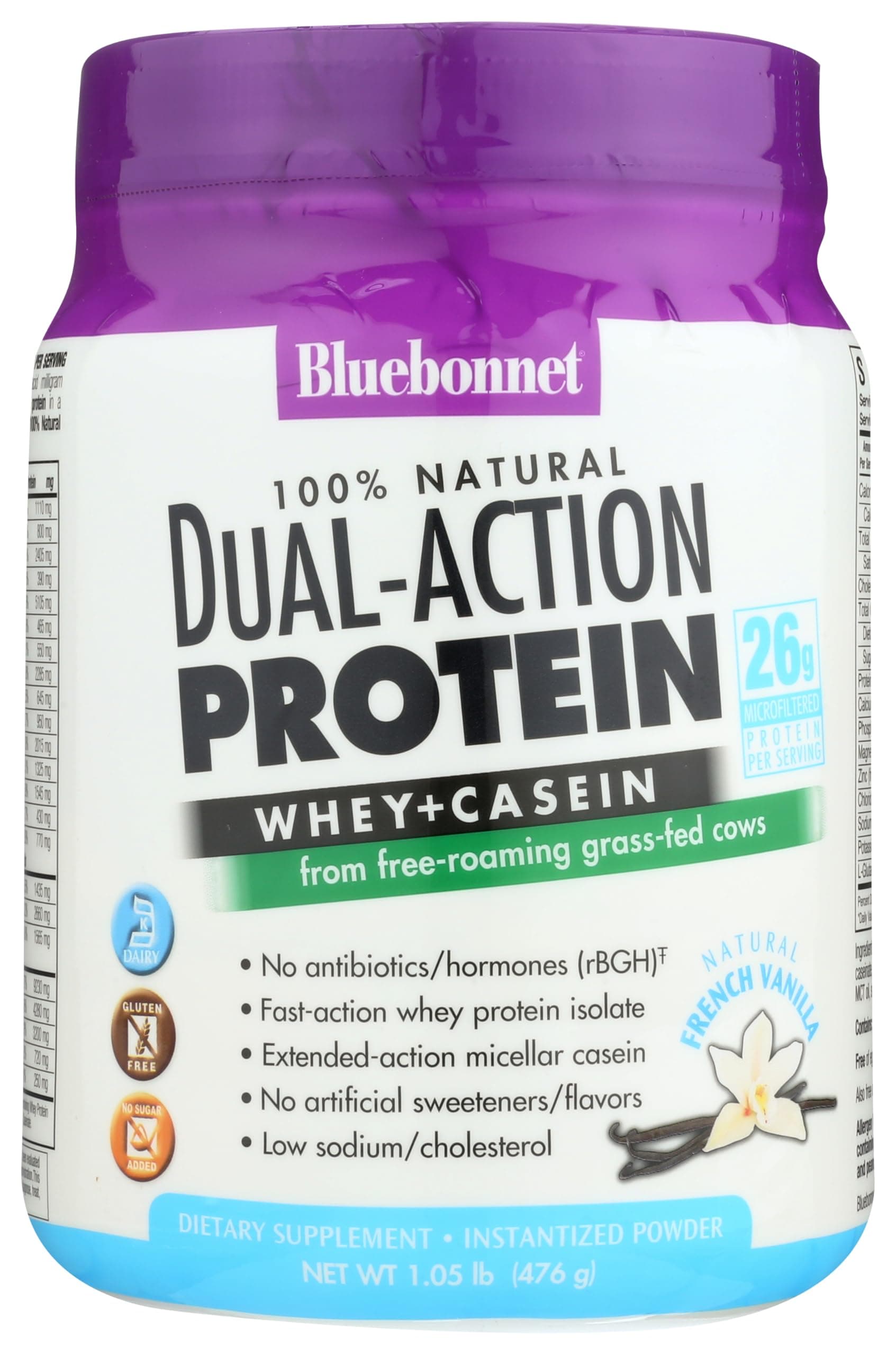 Bluebonnet Nutrition Dual-Action Protein Powder, Whey from Grass Fed Cows, No Sugar Added, Non GMO, Gluten & Soy Free, Kosher Dairy, French Vanilla Flavor, Off-white, 16.8 Oz