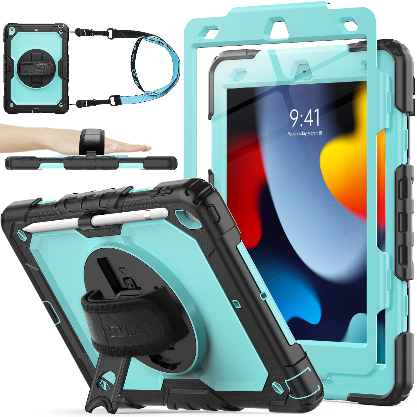 Case for iPad 9th / 8th / 7th Generation 10.2'' with Screen Protector Pencil Holder, 360° Rotating Stand Shoulder Strap Protective Case for iPad 10.2 inch (2021/2020/2019), Skyblue+Black