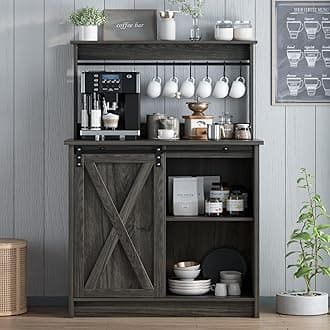 4ever2buy Farmhouse Coffee Bar with Hutch, 31 Inch Buffet Cabinet with Sliding Barn Door, Storage Bar Cabinet with 6 Hooks, Coffee Bar Table with Adjustable Shelves for Living Dining Room, Grey
