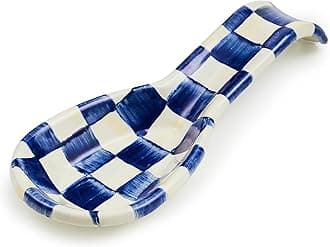 MACKENZIE-CHILDS Enamel Spoon Rest, Kitchen Utensil Rest and Spoon Holder, Kitchen Decor, Blue-and-White Royal Check