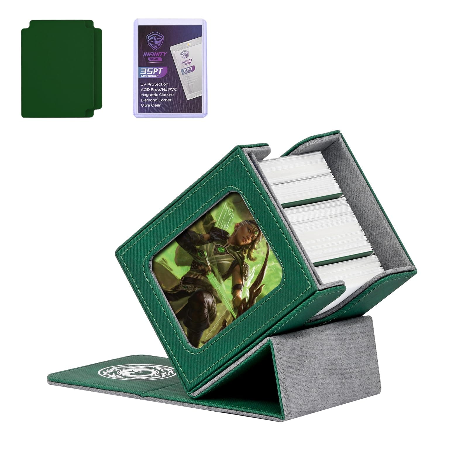 Infinity Guard Card Deck Box for MTG with Commander Display for 100+ Double Sleeved Cards, Magnetic Card Storage Box Fits for TCG Sports Trading Cards (Green&Grey)