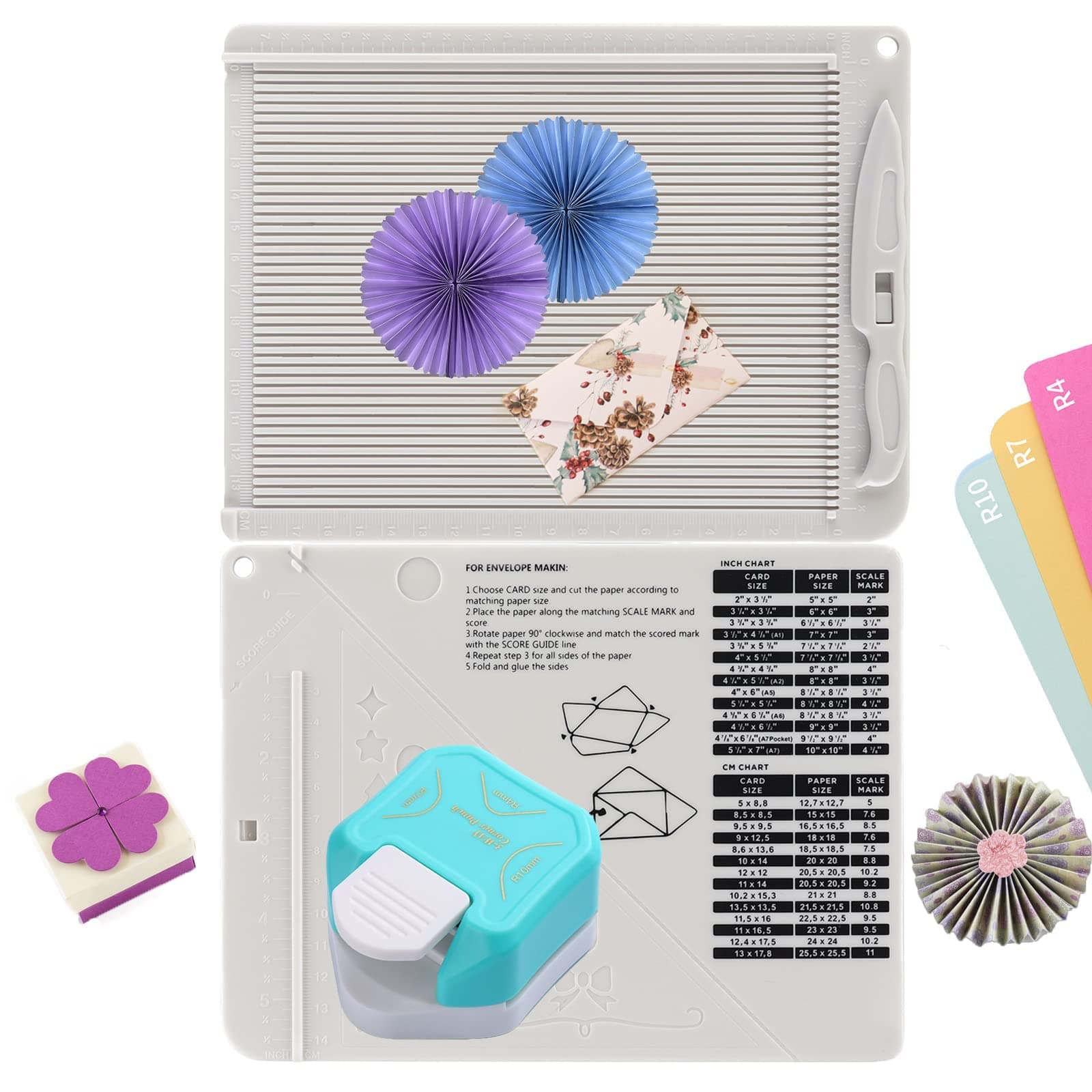 2Pcs Score Board Multi-Purpose Scoring Board Envelope Maker with Bone Folder and 3 in 1 Corner Rounder Paper Punchfor Card Making and DIY Projects Multi- Purpose Scoring Board & Score and Fold Tools