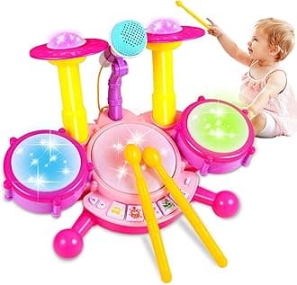 Kids Drum Set for Toddlers, Toddler Drums Toys for Girl with 2 Sticks, Beats Flash Light and Microphone Baby Drum Sets Girl Gifts First Birthday Gifts