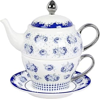 Porcelain Tea for One, Blue Roses and Polka Dots Teapot with Cup,Saucer