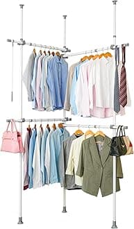 Double Clothing Rack, Adjustable Racks for Hanging Clothes, 2 Tier Clothes Heavy Duty Garment White Closet Freestanding System