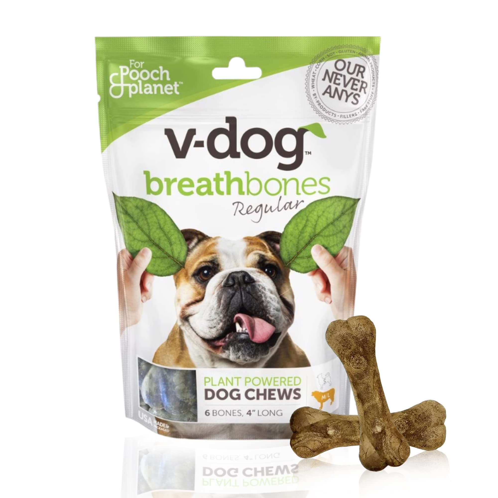 - Dog Treats - Vegan Breathbone Teeth Cleaning Dental Dog Bones - Fresh Breath - 8 Ounces - All Natural - Made in USA - 6 Bones - 4" Long - Easy to Digest